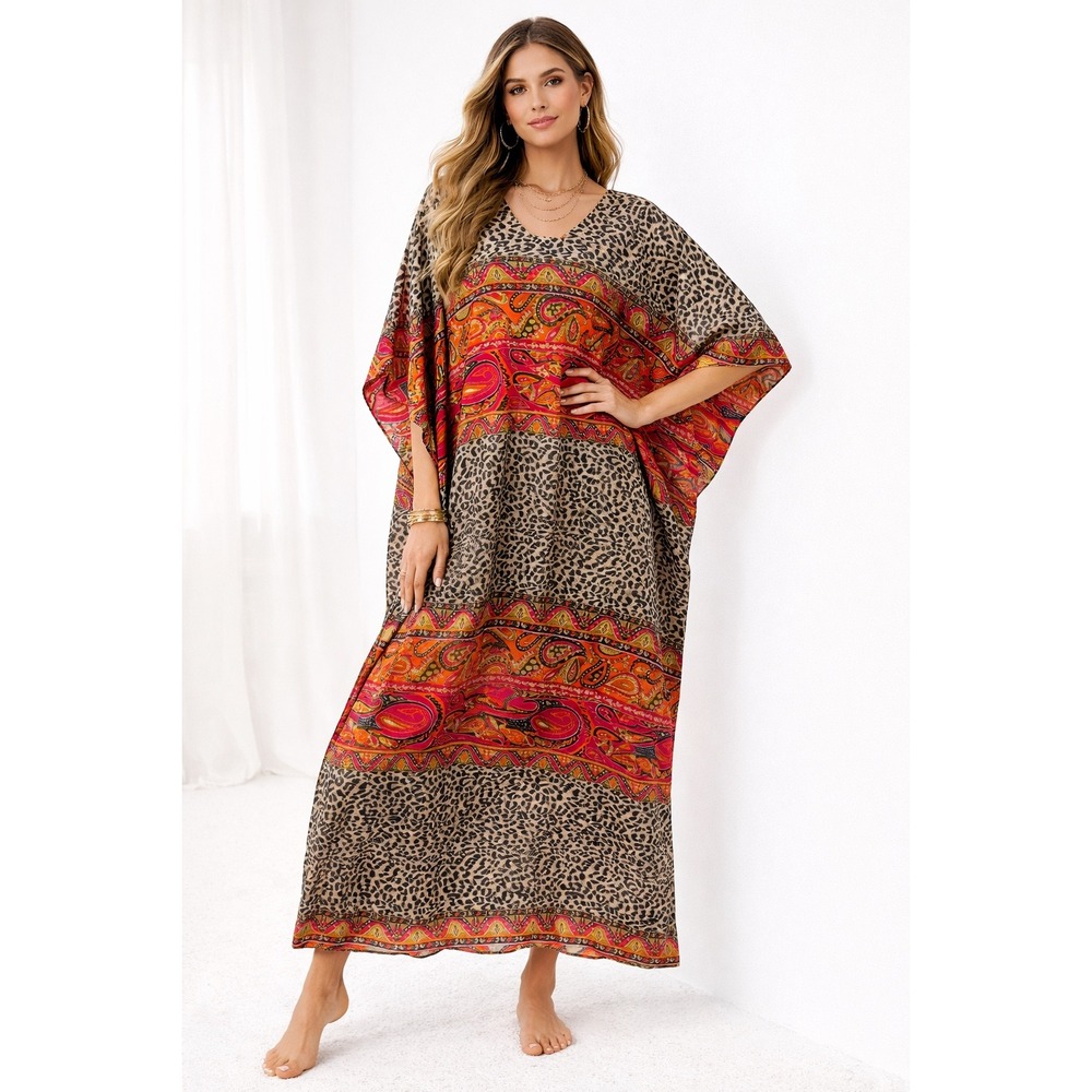 Ashro Kaftan Maxi Duster Women One Size Leopard Paisley Lounge Comfy Satin Flowy